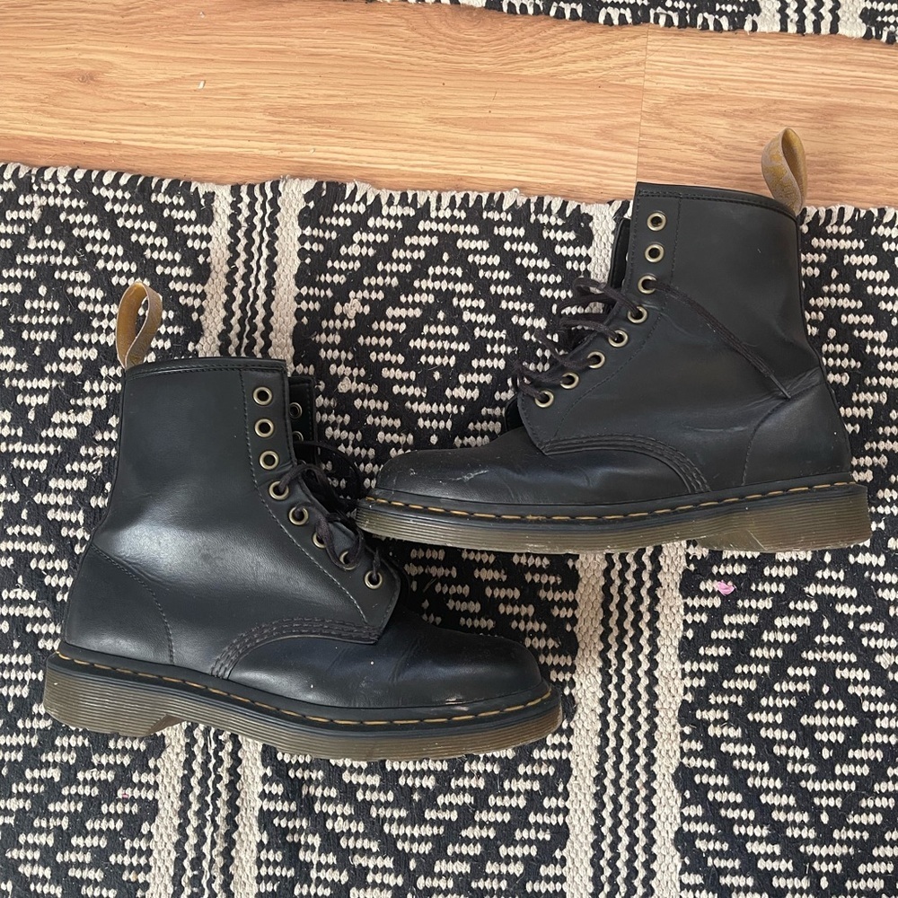 Dr. Martens Black Leather Lace-Up Combat Boots with Yellow Stitching